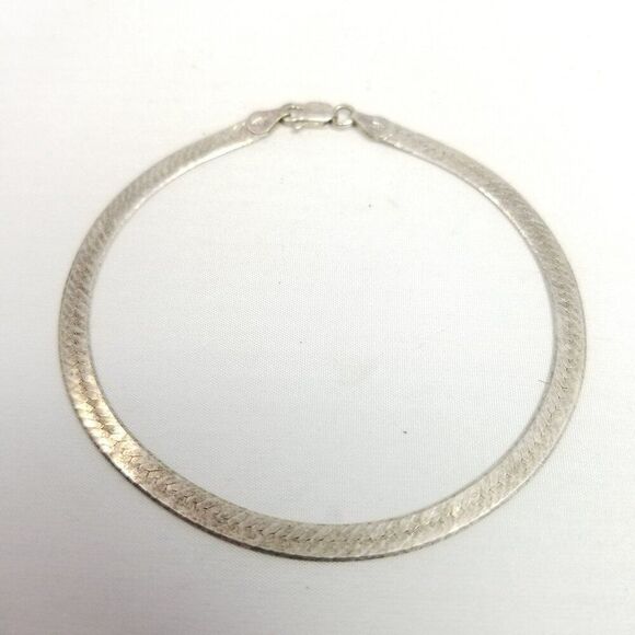 Vintage Sterling Silver Flat Herringbone Chain Bracelet, 925 Made in Italy - Picture 2 of 8